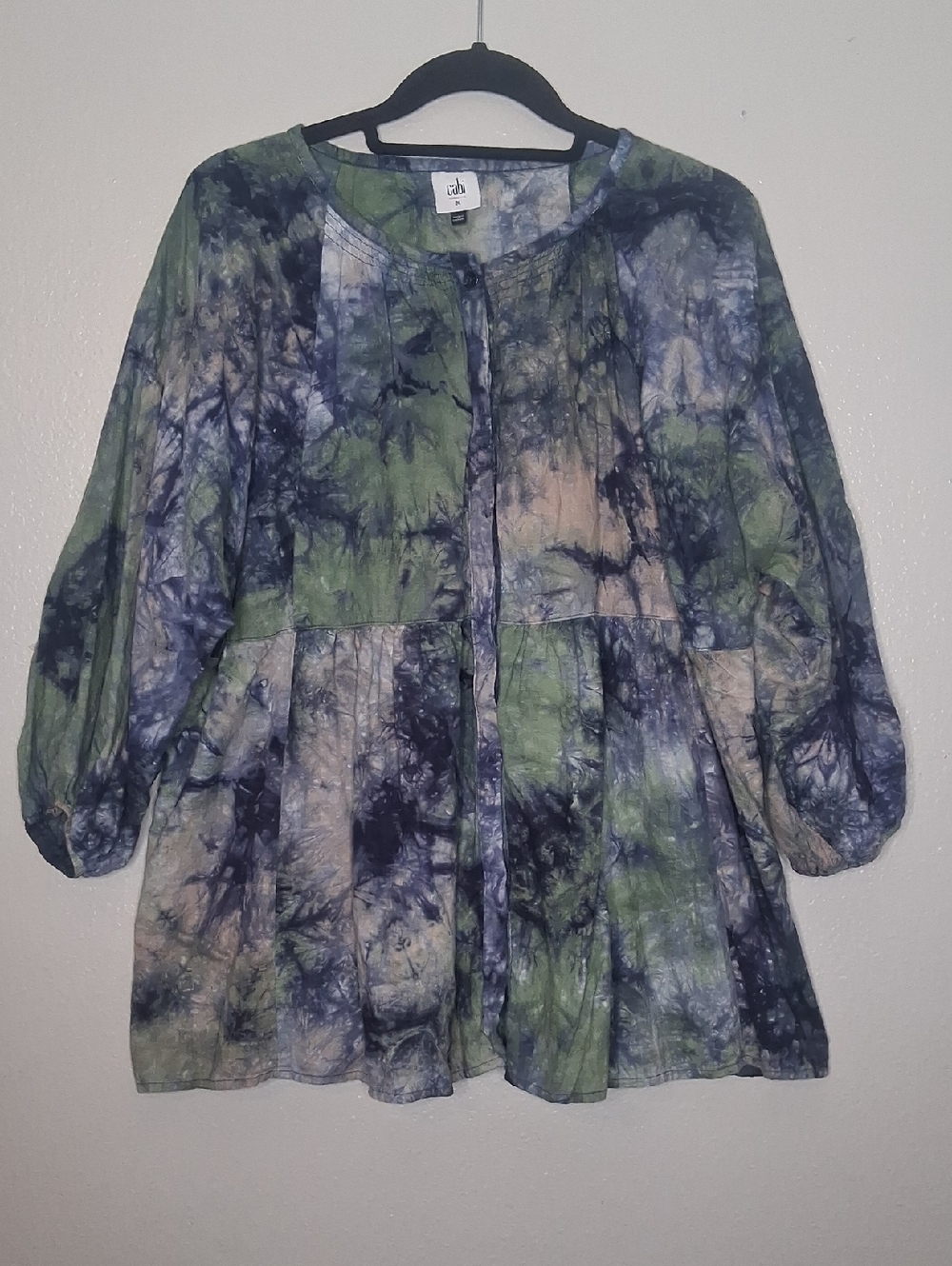 CAbi Woodstock Blouse Tunic Linen Blend Green Blue Tie Dye Festival Boho Size M
